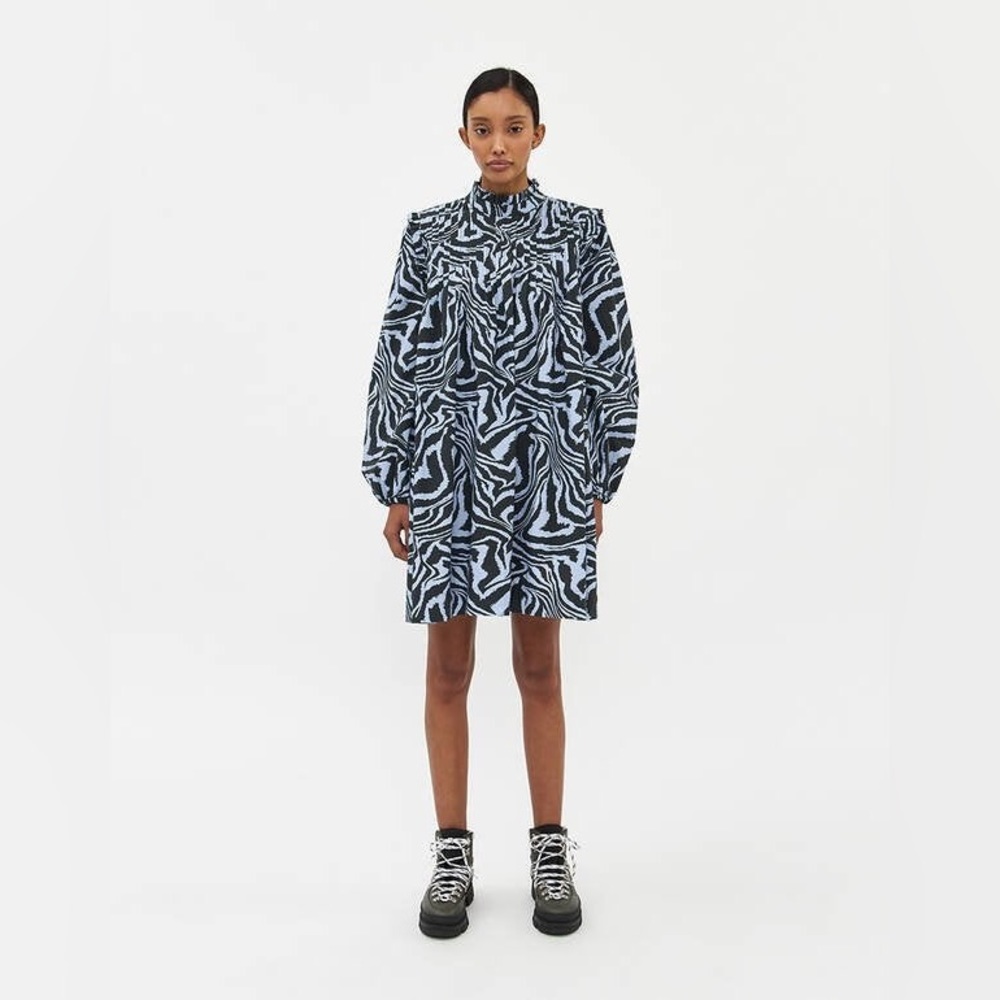 Ganni blue zebra poplin mini dress